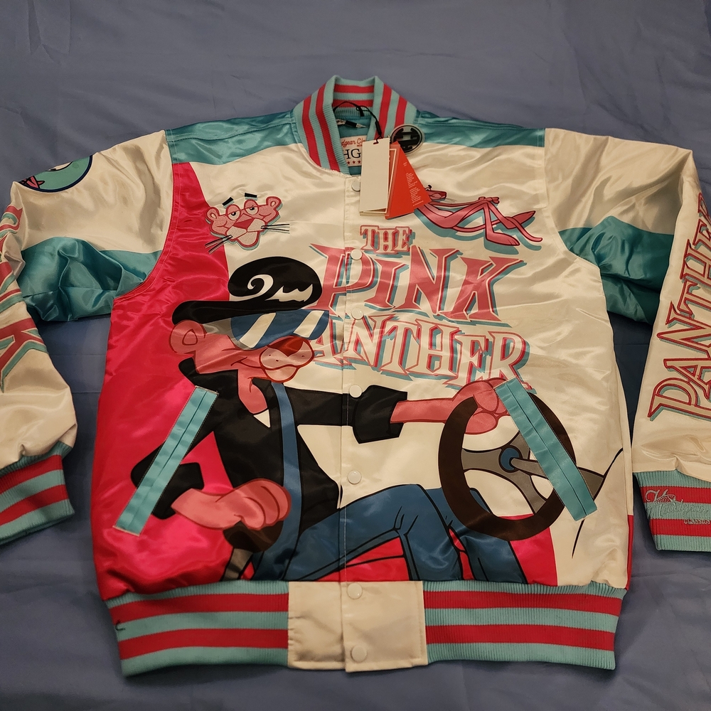 HEADWEAR CLASSICS THE PINK PHANTER SATIN JACKET WHITE/PINK/BLUE SIZE LARGE